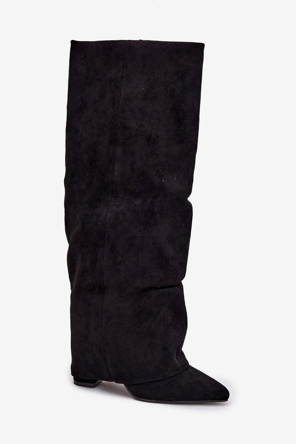 bottes hautes femme suède noir effet slouch pullon revers montant talon bloc 11cm pointues isolantes doublées semelles fines élégantes