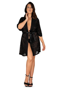 Kimono noir dentelle élégant sexy motif léopard manches trois-quarts ceinture satin femme moderne nuit