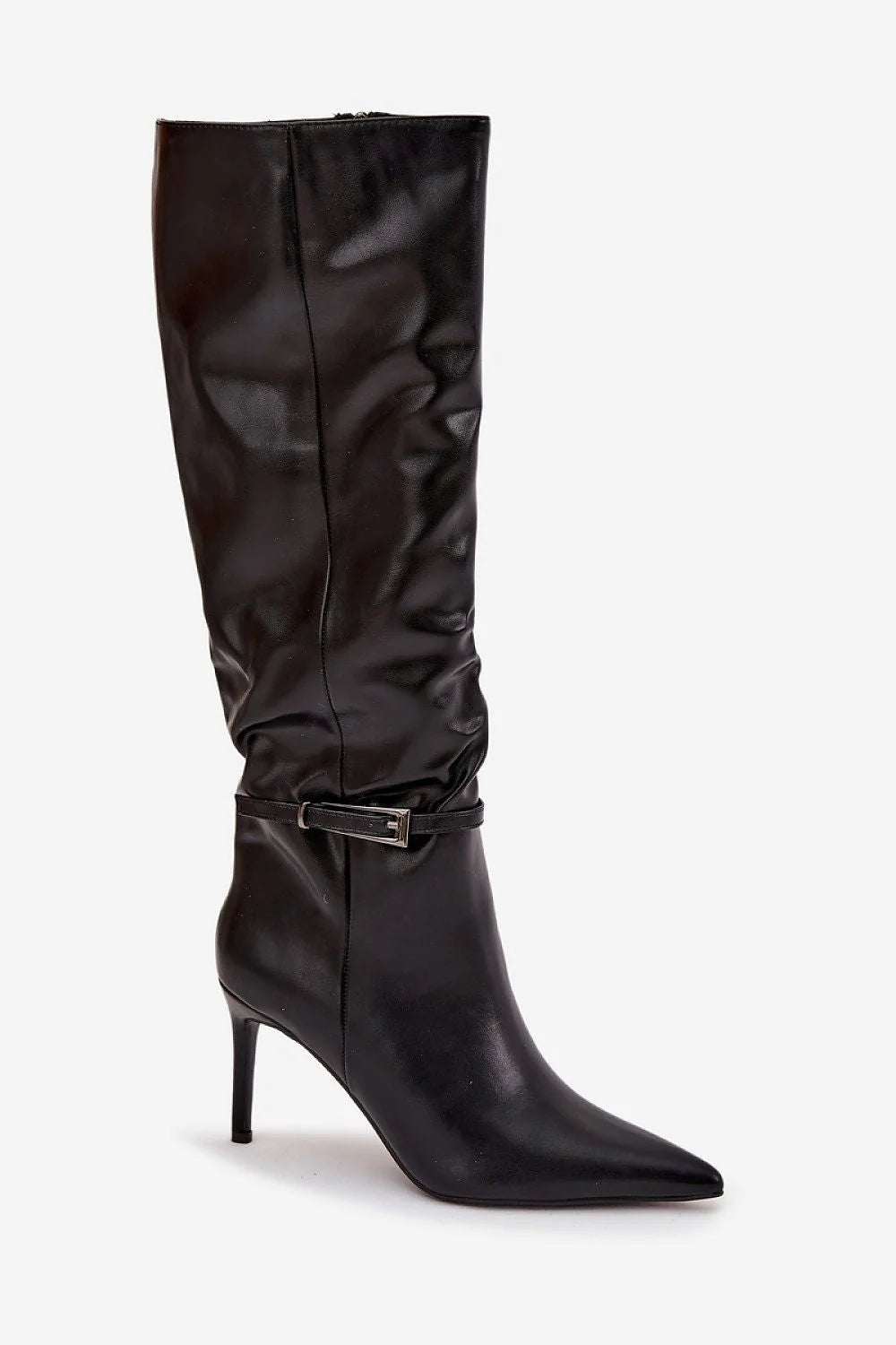 bottes montantes cuir écologique noir talon aiguille haute bout pointu silhouette effilée fermeture éclair bride boucle soirée élégantes
