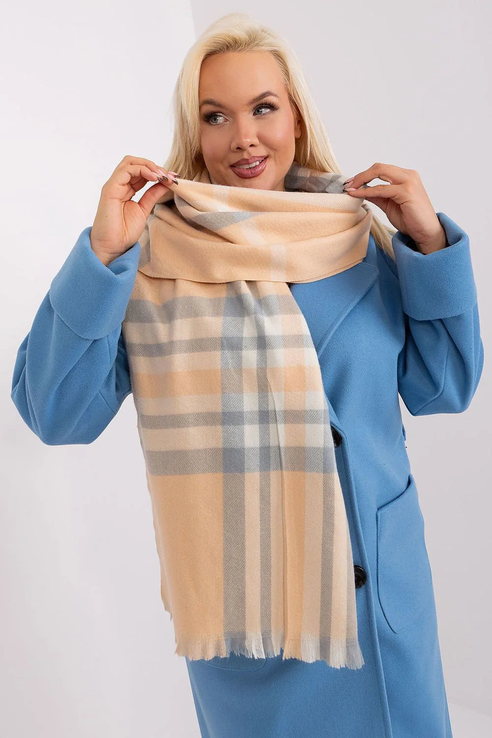 Écharpe à carreaux et manteau en bleu vif pour femme, style classique, écharpe en laine, manteau double boutonnage, automne-hiver, chic et confortable