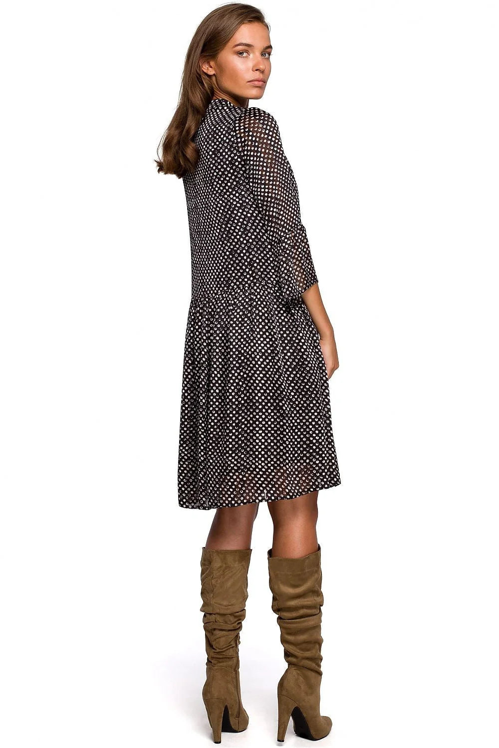 Robe en polyester chic décontractée motifs à pois manches longues évasées pour femmes élégantes et stylées