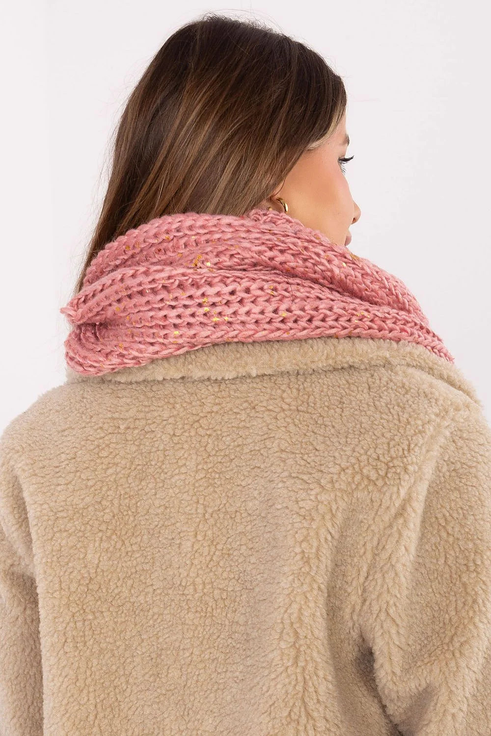snood écharpe col grosse maille rose poudré tricot chunky chinée éclats dorés double douillette isolante hiver polyester 65cm
