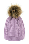 bonnet tricoté féminin élégant lavande pompon fausse fourrure brunmiel torsades maille épaisse ample bordcôte ajusté chaud douillet artisanal polonais