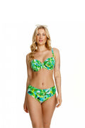 Bikini tropical femme deux pièces design feuilles fleurs vert bleu jaune soutien-gorge rembourré armatures bretelles ajustables couverture modérée occasion été plage piscine