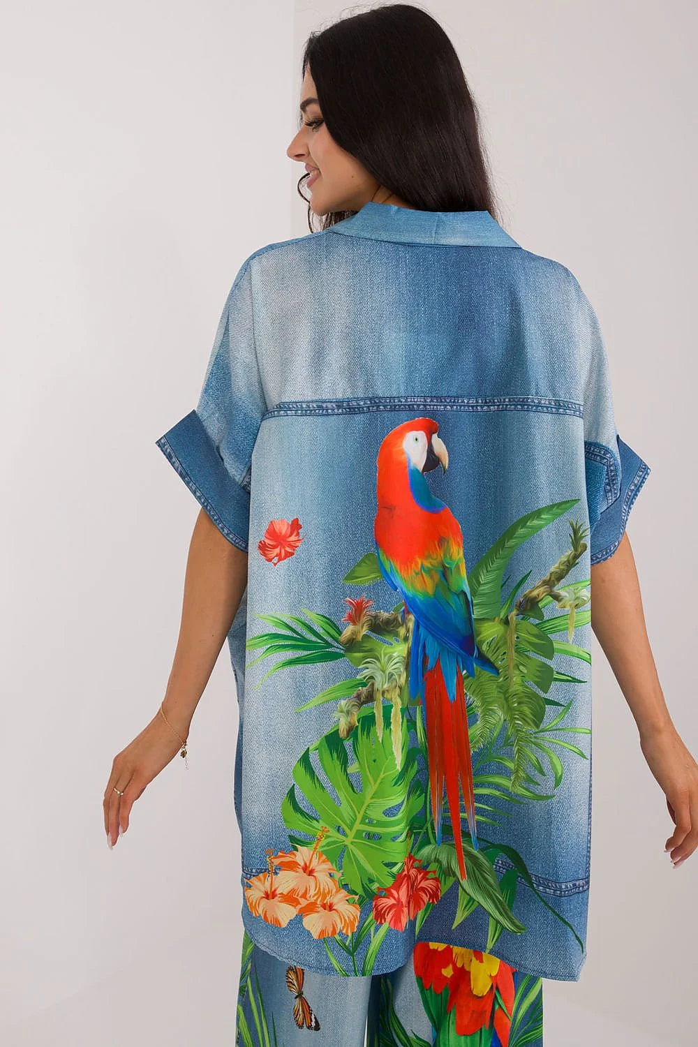 ensemble femme tropical printanière haut oversize col chemise manches courtes pantalon palazzo taille haute coupe ample imprimé perroquet multicolore polyester