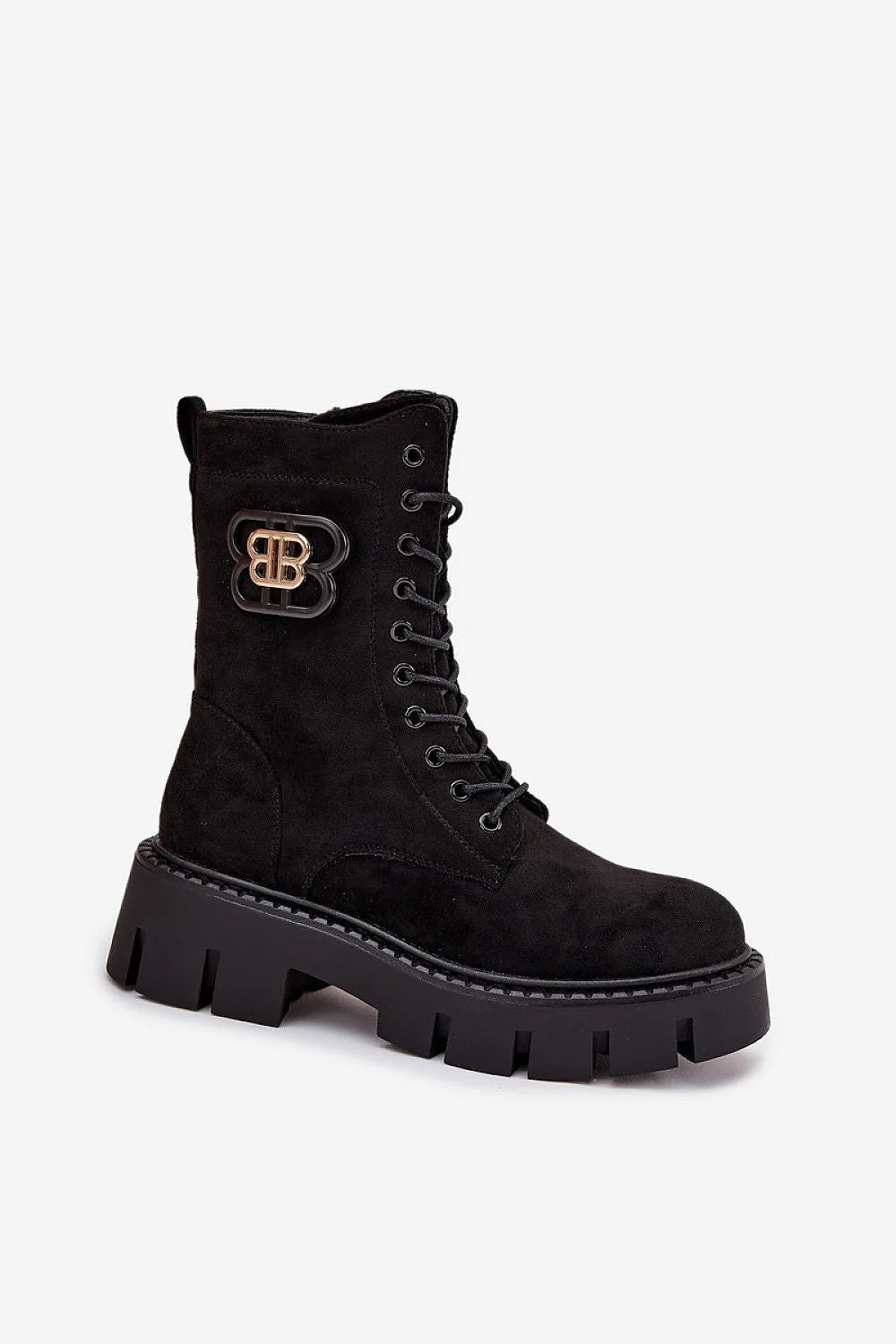 boots femme montantes suédine écologique noire laçage zip semelle plateforme crantée caoutchouc talon bloc logo doré chunky urbain