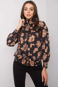 Chemisier fleuri noir polyester chic élégant ample manches longues col montant femme moderne