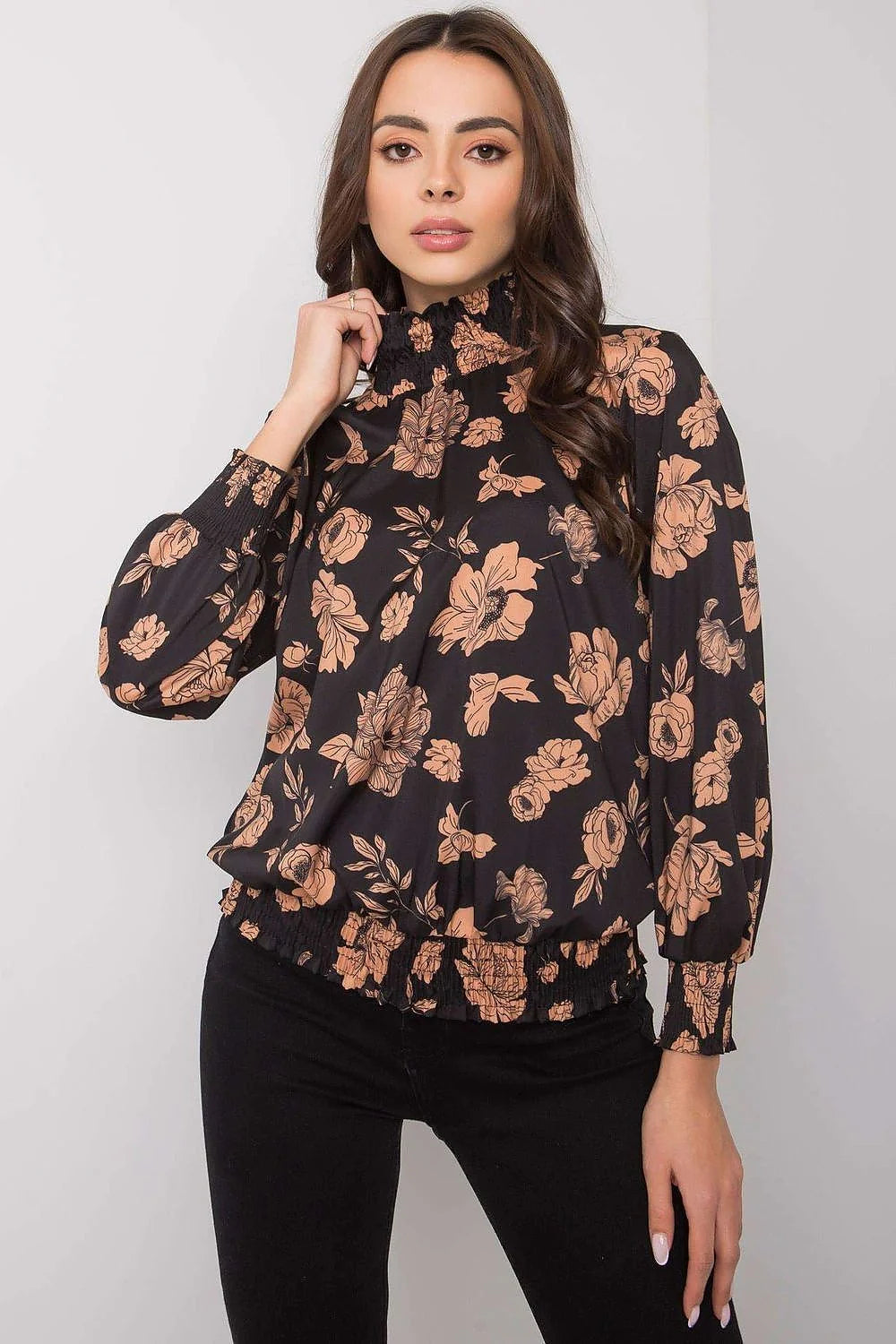 Chemisier fleuri noir polyester chic élégant ample manches longues col montant femme moderne