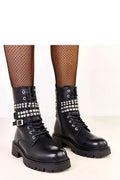 bottines similicuir noir lacets fermeture éclair brides boucles strass clous semelle plateforme crantée talon 5cm tige 18cm doublure thermique rock