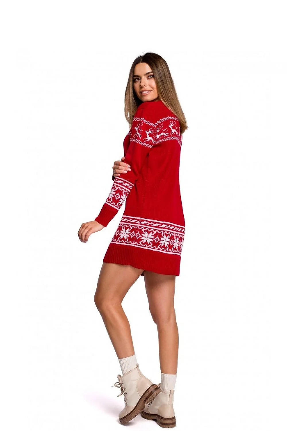 Robe pull femme laine tricotée décontractée motifs Noël rennes flocons élégante pour hiver festif