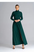 Robe de jour élégante longue manches longues col montant fente frontale vert profond polyester elasthanne femmes
