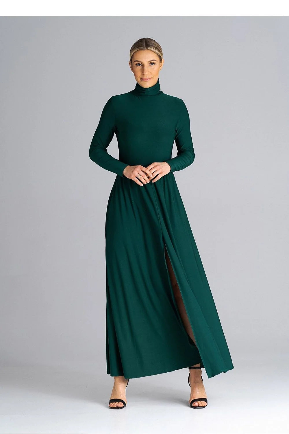 Robe de jour élégante longue manches longues col montant fente frontale vert profond polyester elasthanne femmes