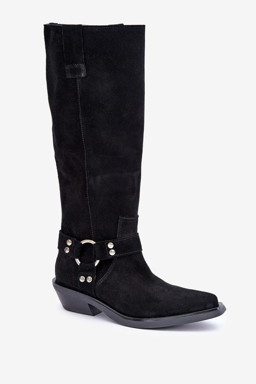 Bottes cuissardes daim noir fermeture éclair détails métalliques sangle talon bas pointu semelle caoutchouc femme