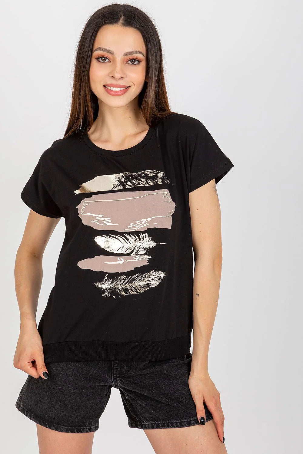 Chemisier femme design artistique coton élasthanne motifs plumes dorés nude encolure ronde manches courtes casual