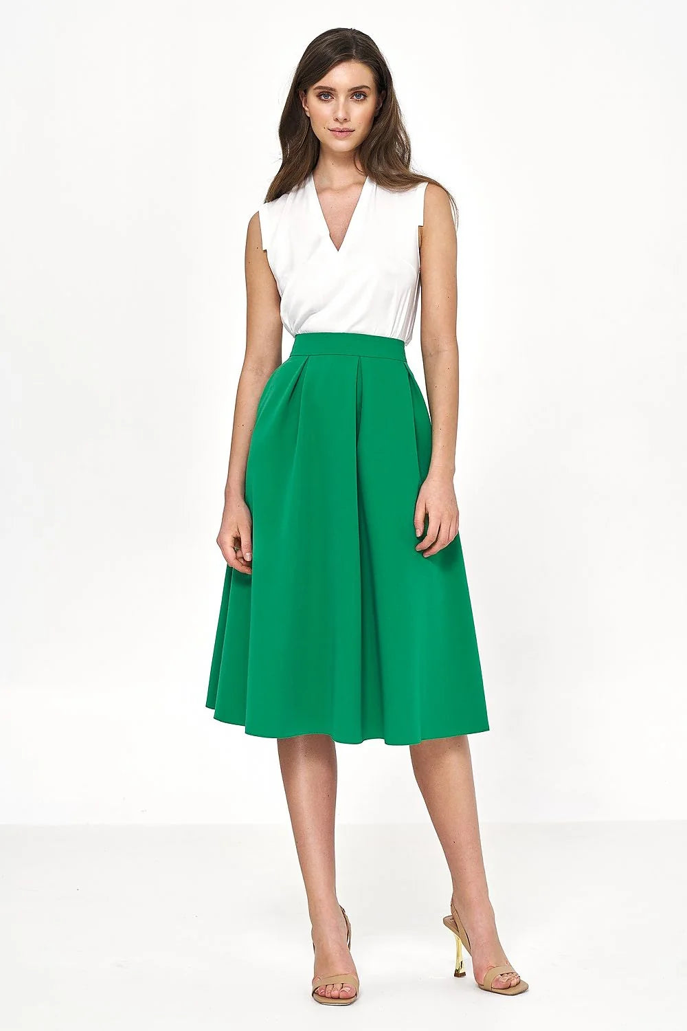 Jupe évasée mi-longue verte taille haute en viscose et polyester pour femme, élégante et confortable