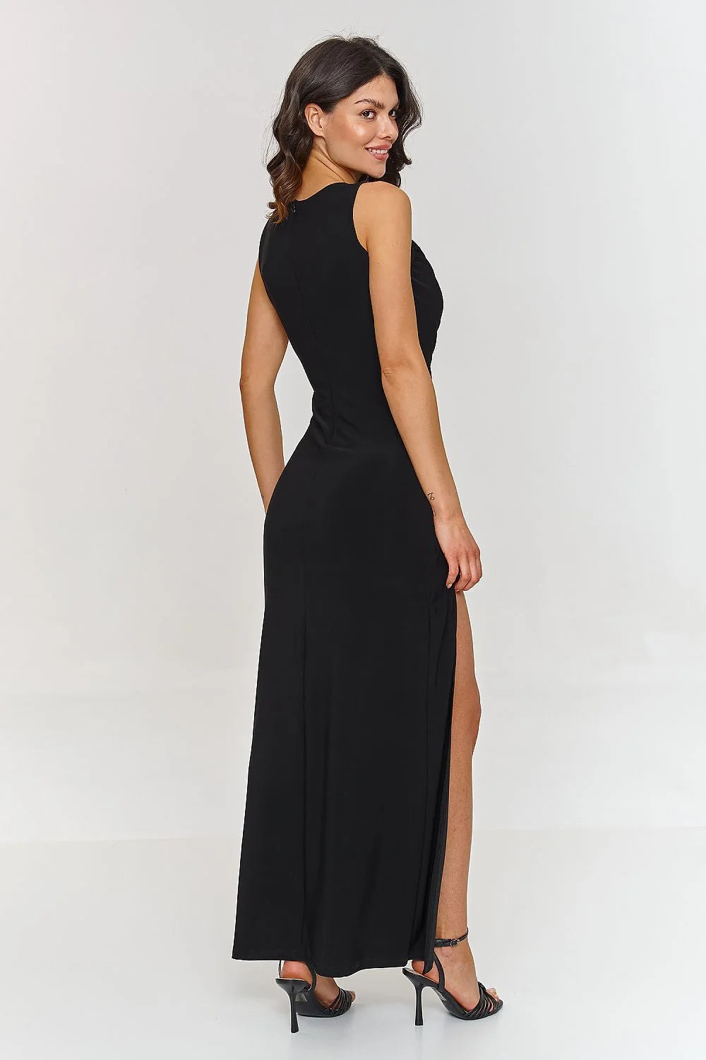 Robe de cocktail élégante longue sans manches fente audacieuse noir femmes occasion spéciale Makadamia