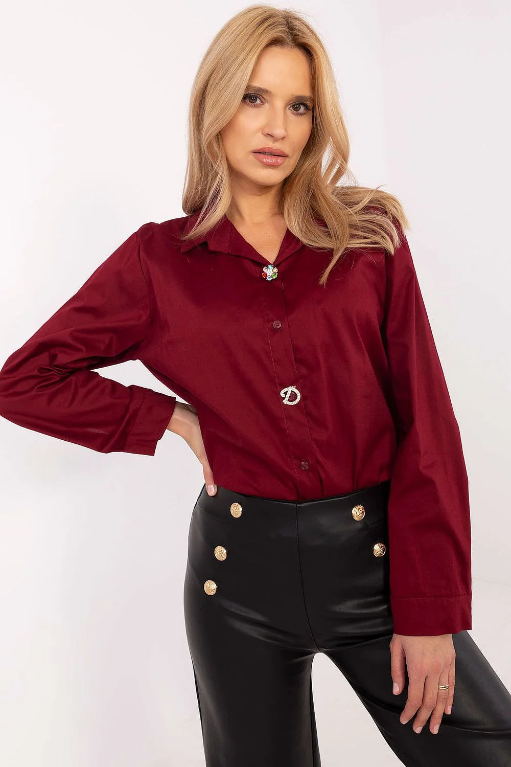 Chemise élégante pour femme manches longues couleur bordeaux Italy Moda coupe classique tissu de qualité coton polyester occasionnels travail soirée