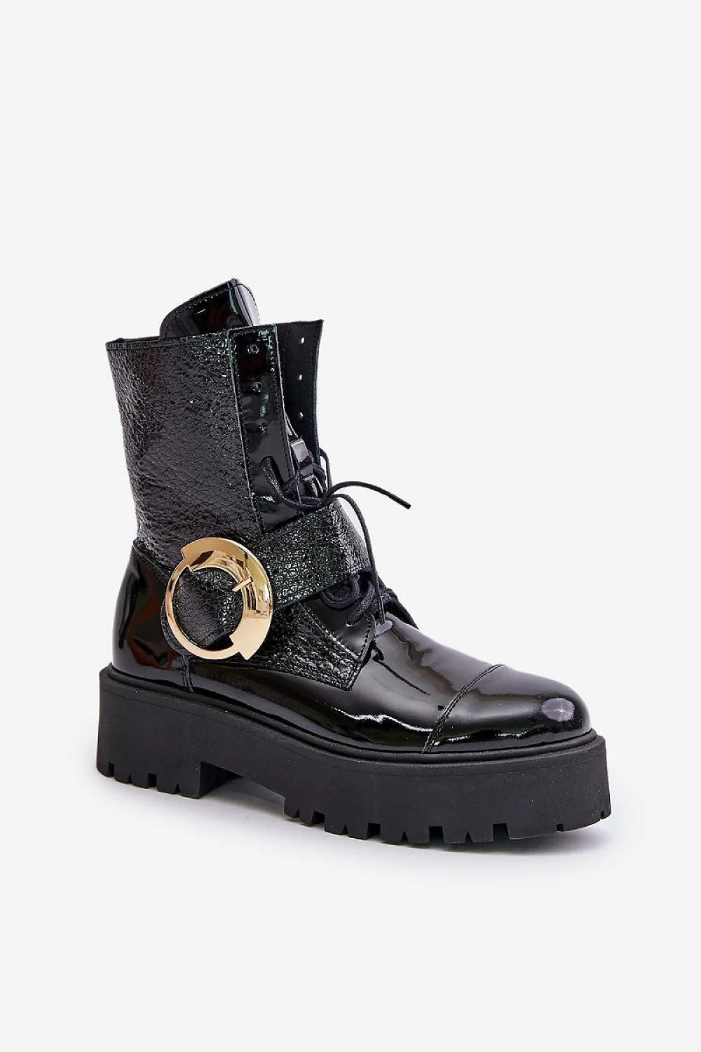 bottines femme cuir verni noir montantes rockchic empiècements texturés bout arrondi semelle plateforme crantée épaisse sangle boucle dorée