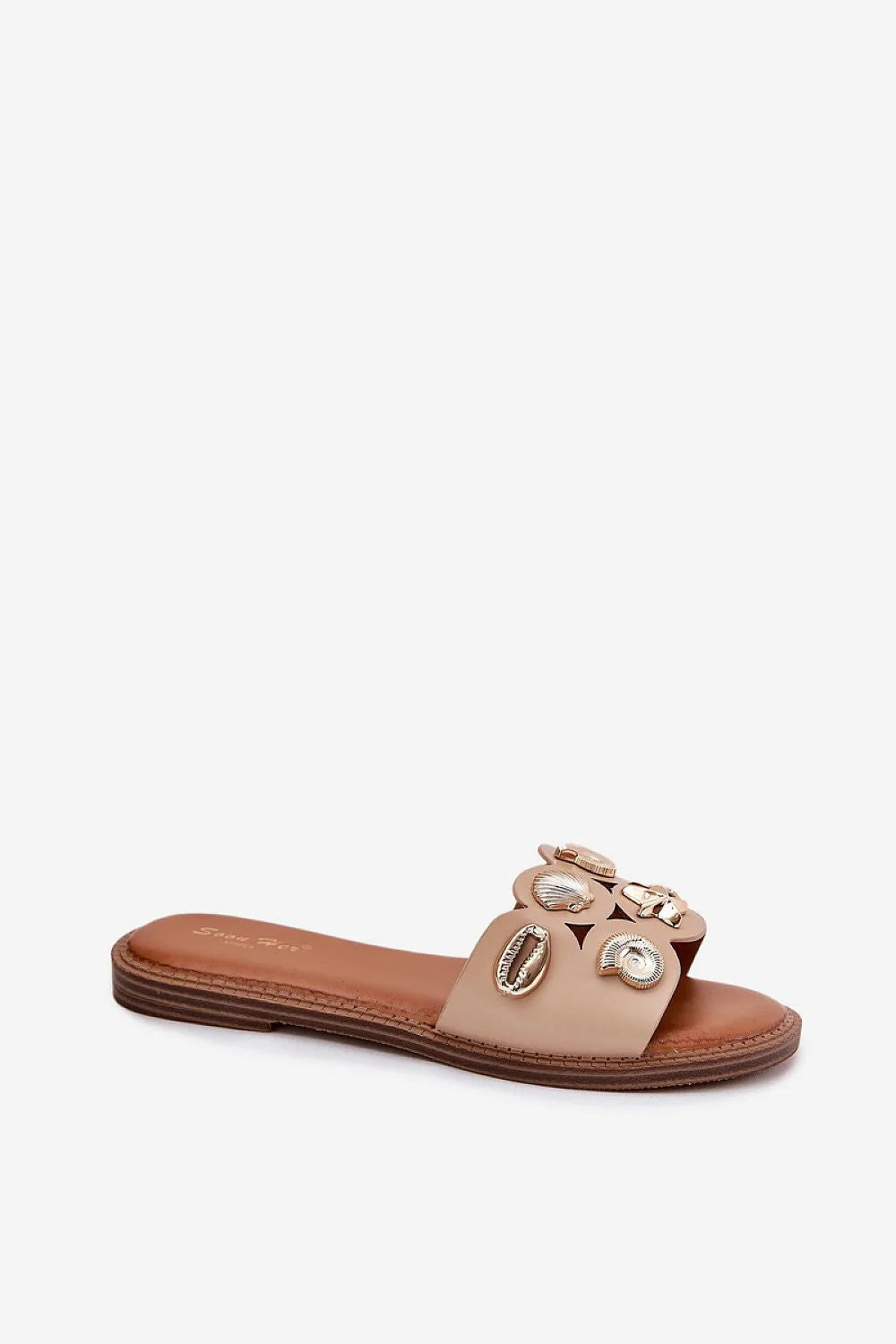 Mules plates femme marine inspiré simili cuir style estival talon plat déco coquillages étoile de mer doré