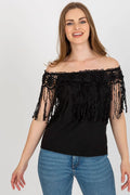 Chemisier féminin off-shoulder dentelle franges couleur noire été chic moderne polyester coton femmes taille ajustable