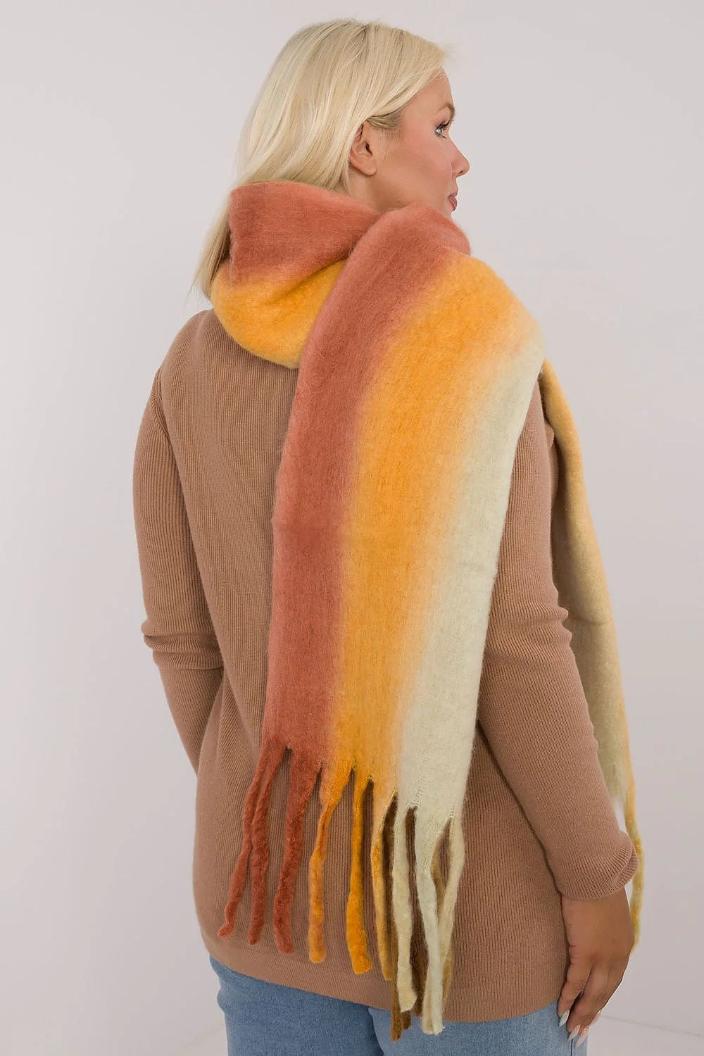 Écharpe volumineuse pour femmes en mohair/mélange de laine, design graphique dégradé rose-jaune-orange, longue et large, franges bohèmes, automne-hiver, accessoire tendance et confortable