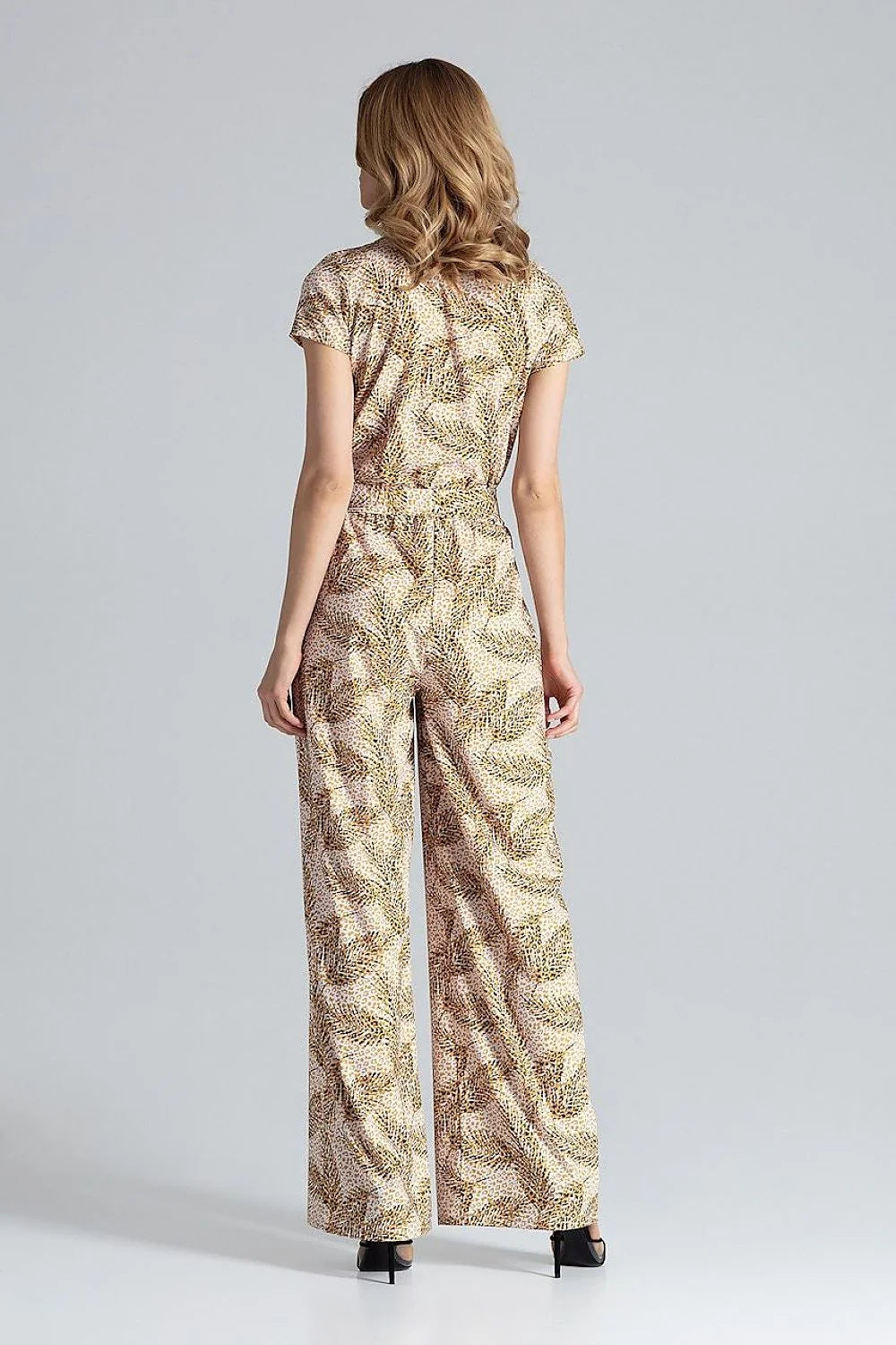 Combinaison femme élégante manches courtes ceinture nouée style bohème chic polyester elasthanne beige marron