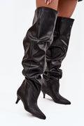 cuissardes femme cuir synthétique noir effet lisse tige haute plissée slouchy coutures verticales bout pointu talon kitten bas