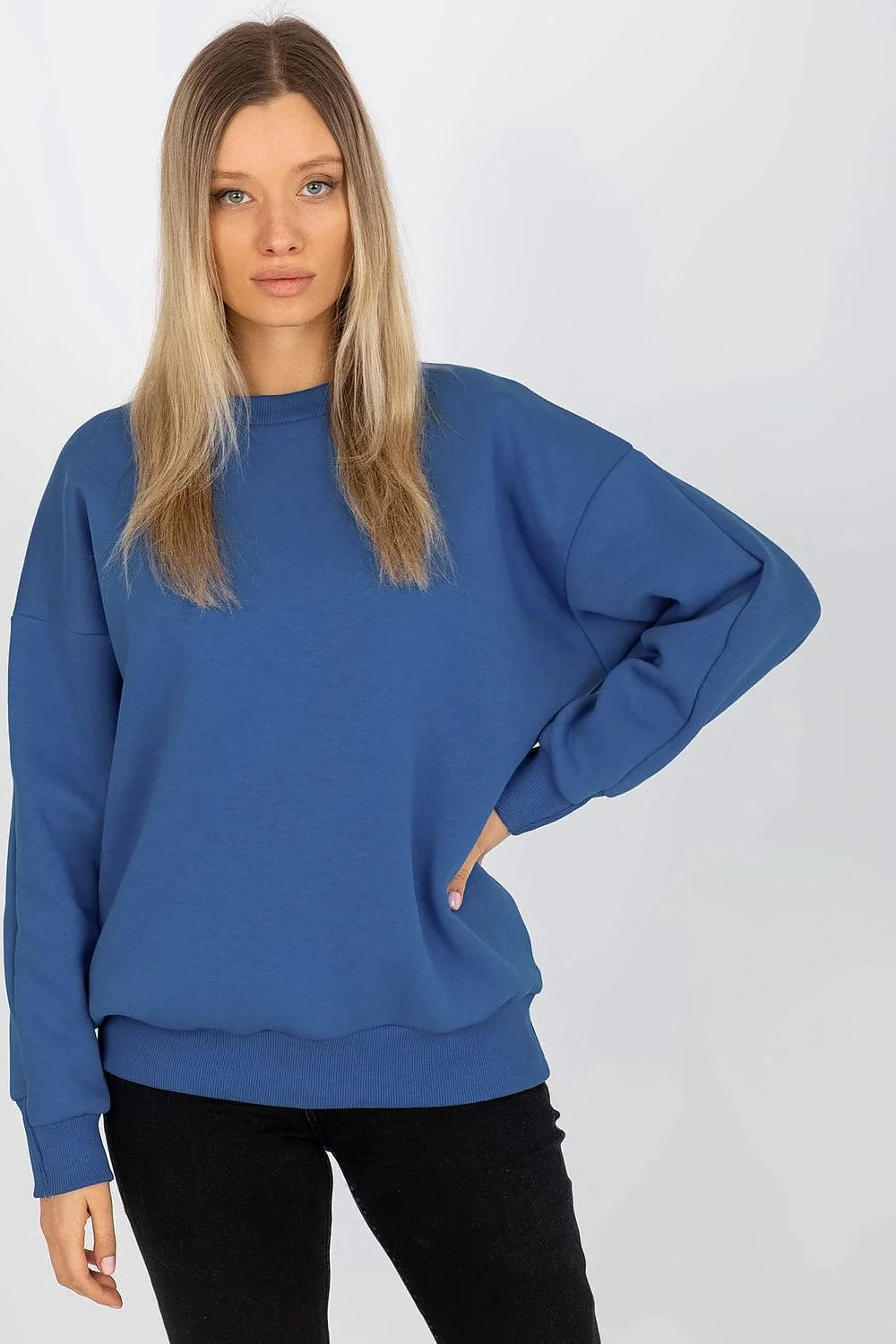 Sweatshirt femme coupe ample coton chaud manches longues col rond ourlet côtelé bleu vif mode casual