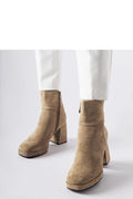Bottes à talons carrés modernes en suède beige taupe cuisse mi-mollet fermeture glissière latérale semelle caoutchouc femmes