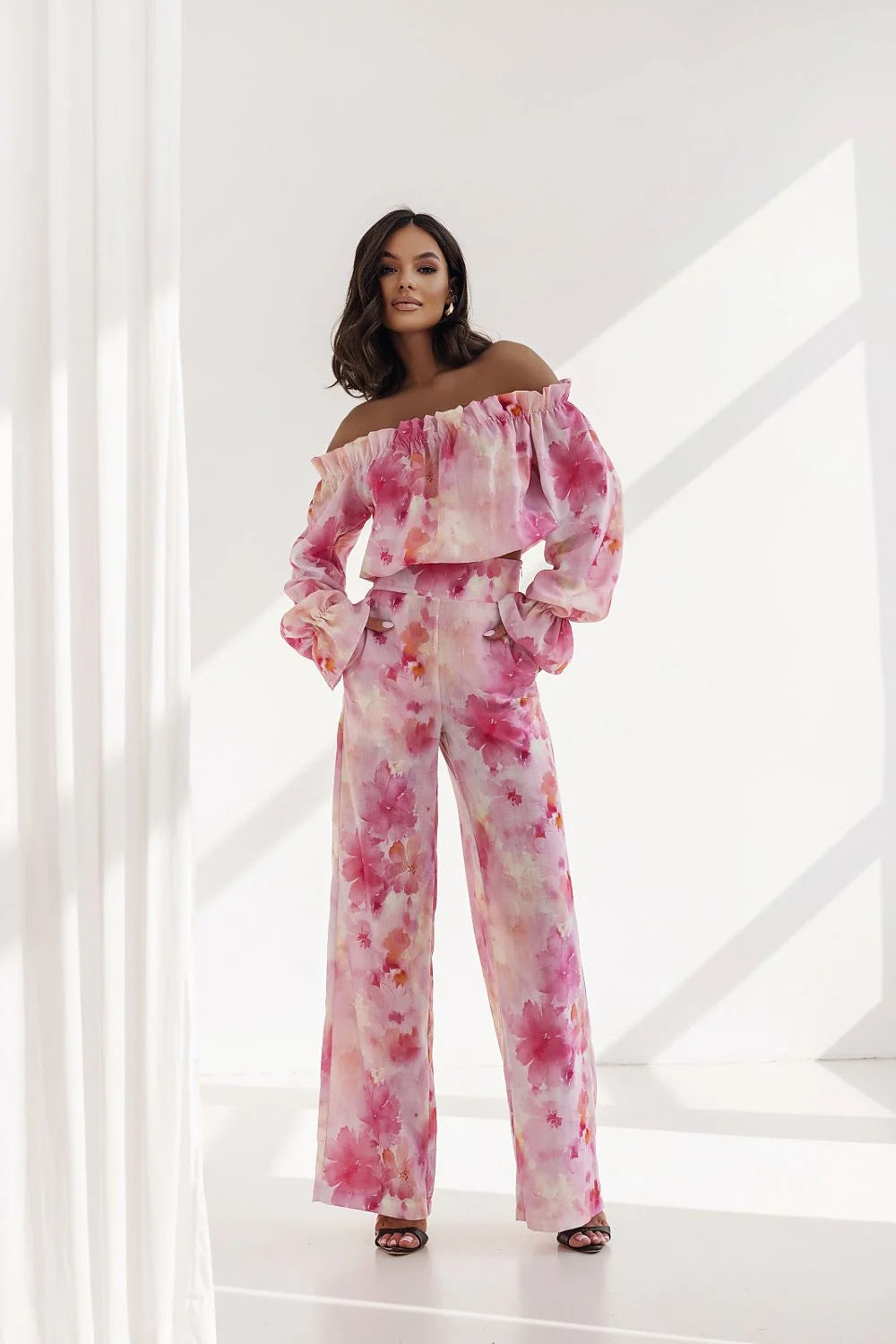 Ensemble deux-pièces féminin floral Bardot manches longues taille haute jambes larges été coton-lin femme