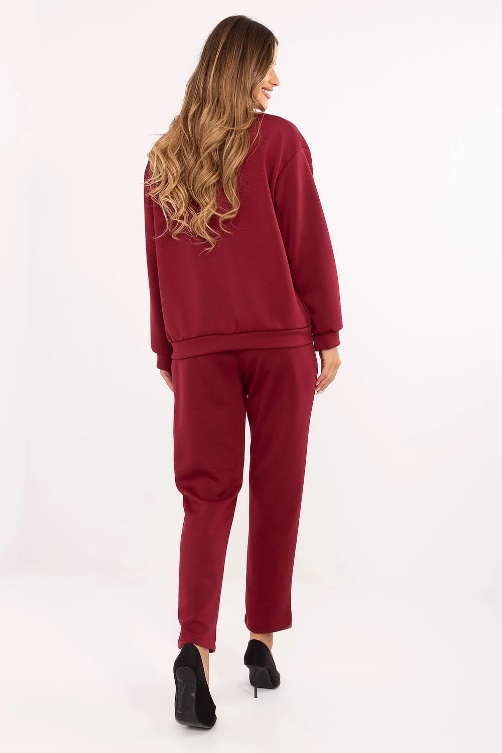 ensemble femme bordeaux maille extensible viscose élasthanne sweat zippé col mao pantalon taille haute fuselé poches cargo ceinture boucle dorée
