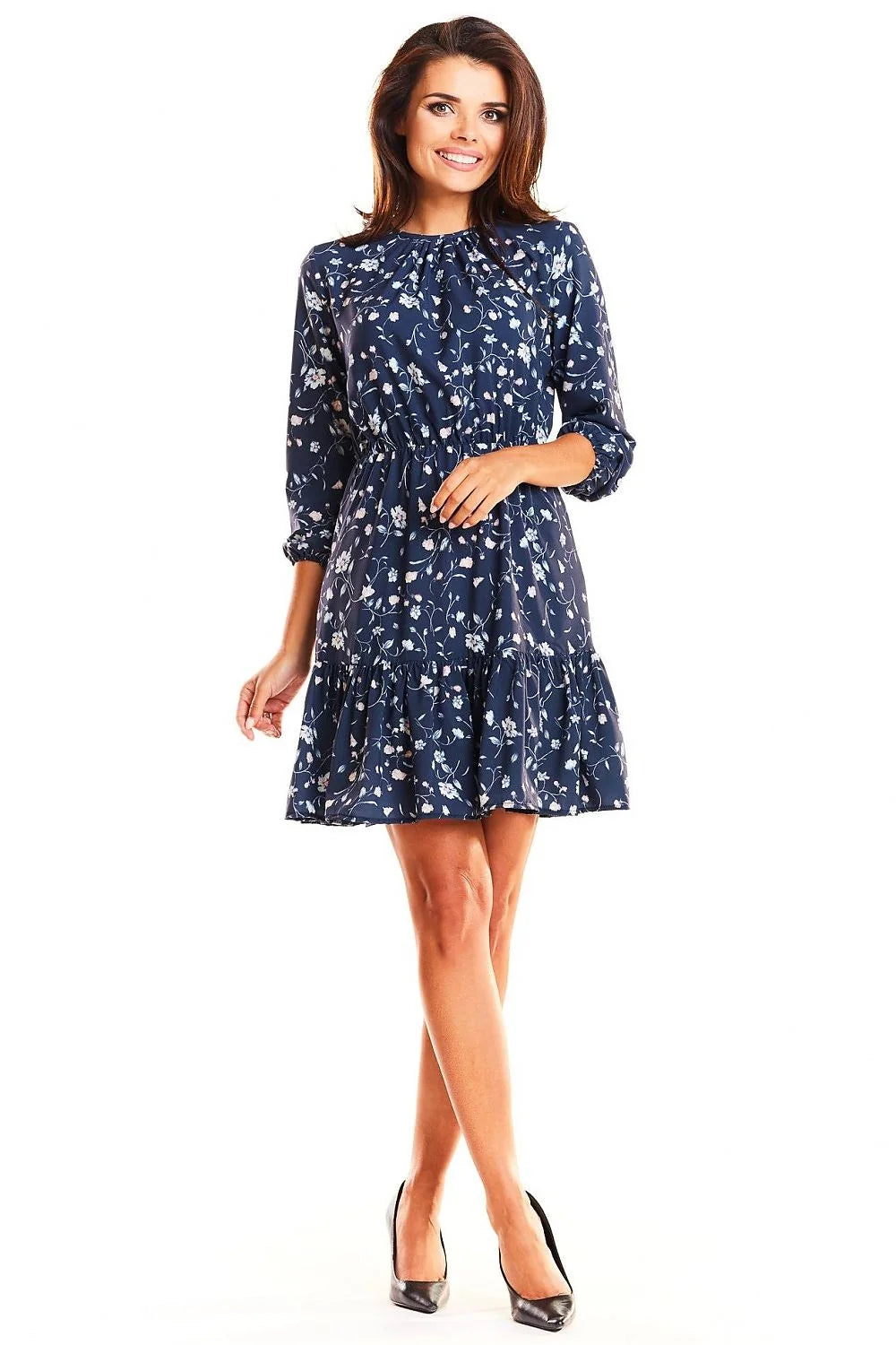 Robe floral léger évasée bleu marine décontractée élégante femme manches longues tissu printanier mode