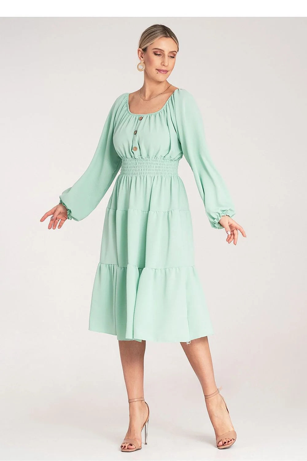 Robe femme vert menthe longue manches bouffantes élastique taille smockée polyester elasthanne occasion estivale mode féminine