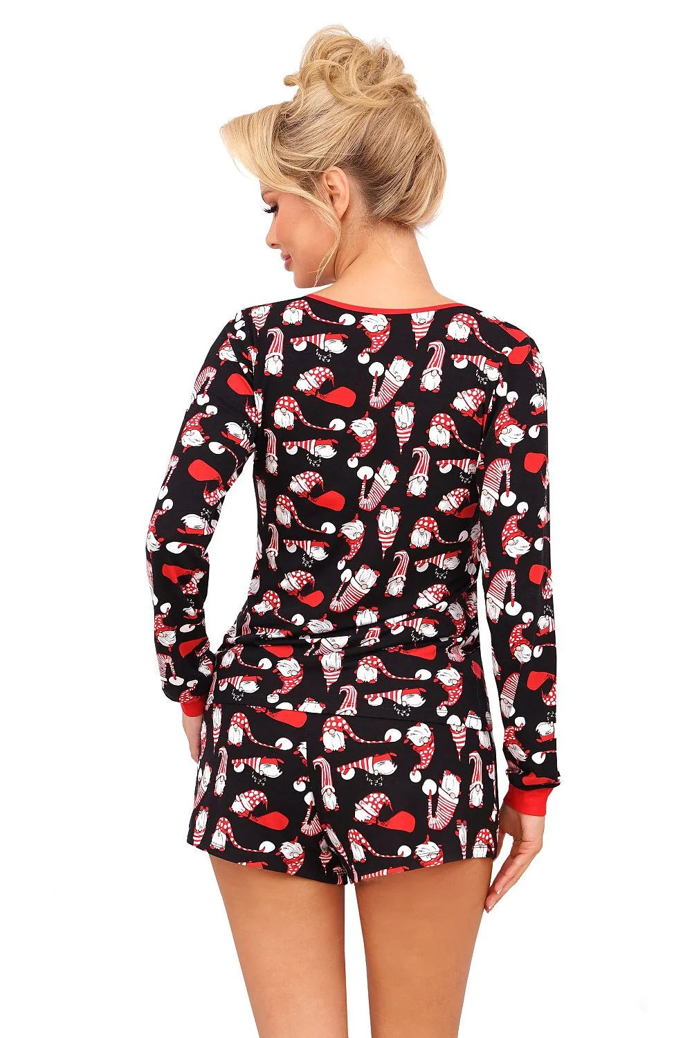 Pyjama femme motifs festifs noir et rouge manches longues shorts élastiques détails élégants style confortable