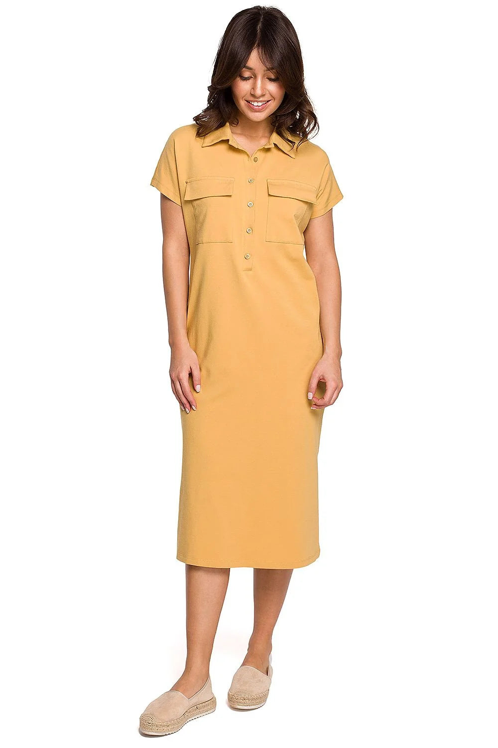 Robe casual en coton jaune moutarde style polo décontracté manches courtes pour femme élégante