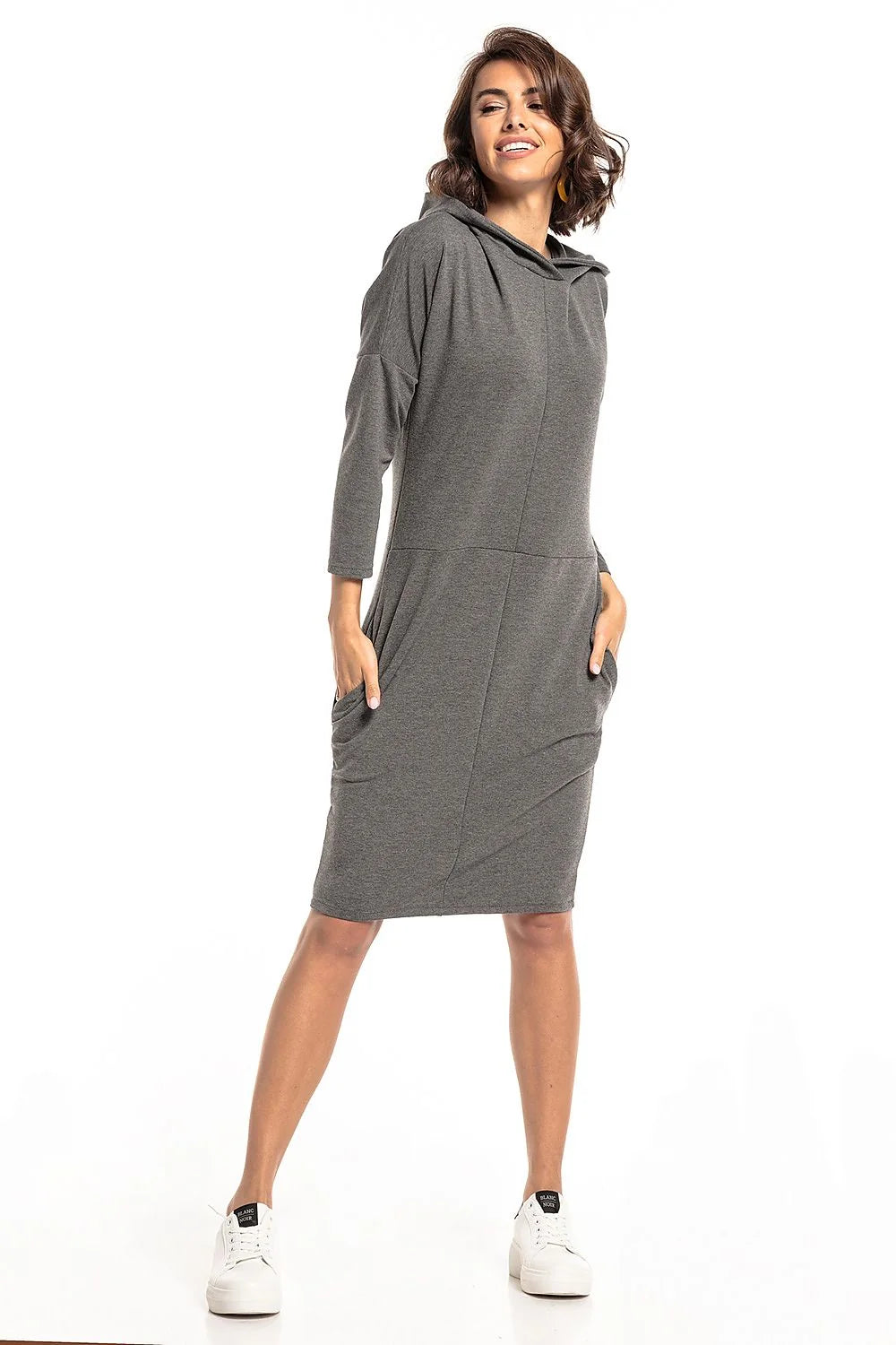Robe en tricot coton rose décontractée avec capuche manches longues pour femme moderne élégante