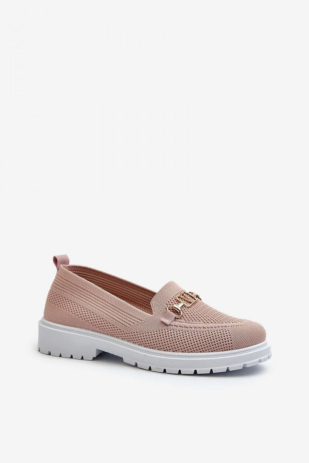 Moccasins femmes textile tricoté rose pâle détails dorés semelle crantée talon plat style moderne élégant