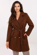 manteau femme court double boutonnage ceinture nouée chocolat col tailleur coupe droite mi cuisses poches rabat texturé laine