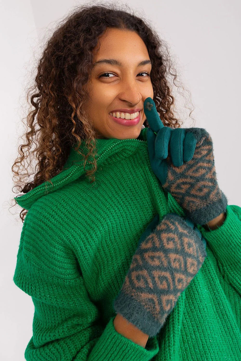 Gants et pull pour femmes en laine douce, style jacquard, motif géométrique, couleur bleu sarcelle et marron clair, pull à col montant et fermeture éclair