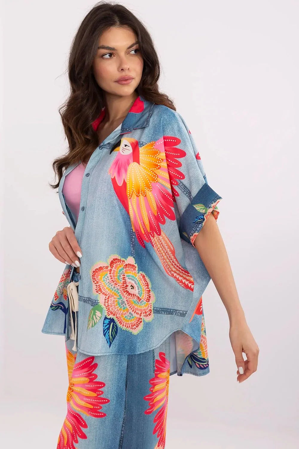 Chemise manche courte Italy Moda pour femme style audacieux motifs tropicaux coton polyester col classique manches courtes taille élastique bas assorti