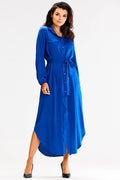Robe longue chemise awama manches longues poches intégrées ceinture ajustable couleur bleu vif femme élégance Casual