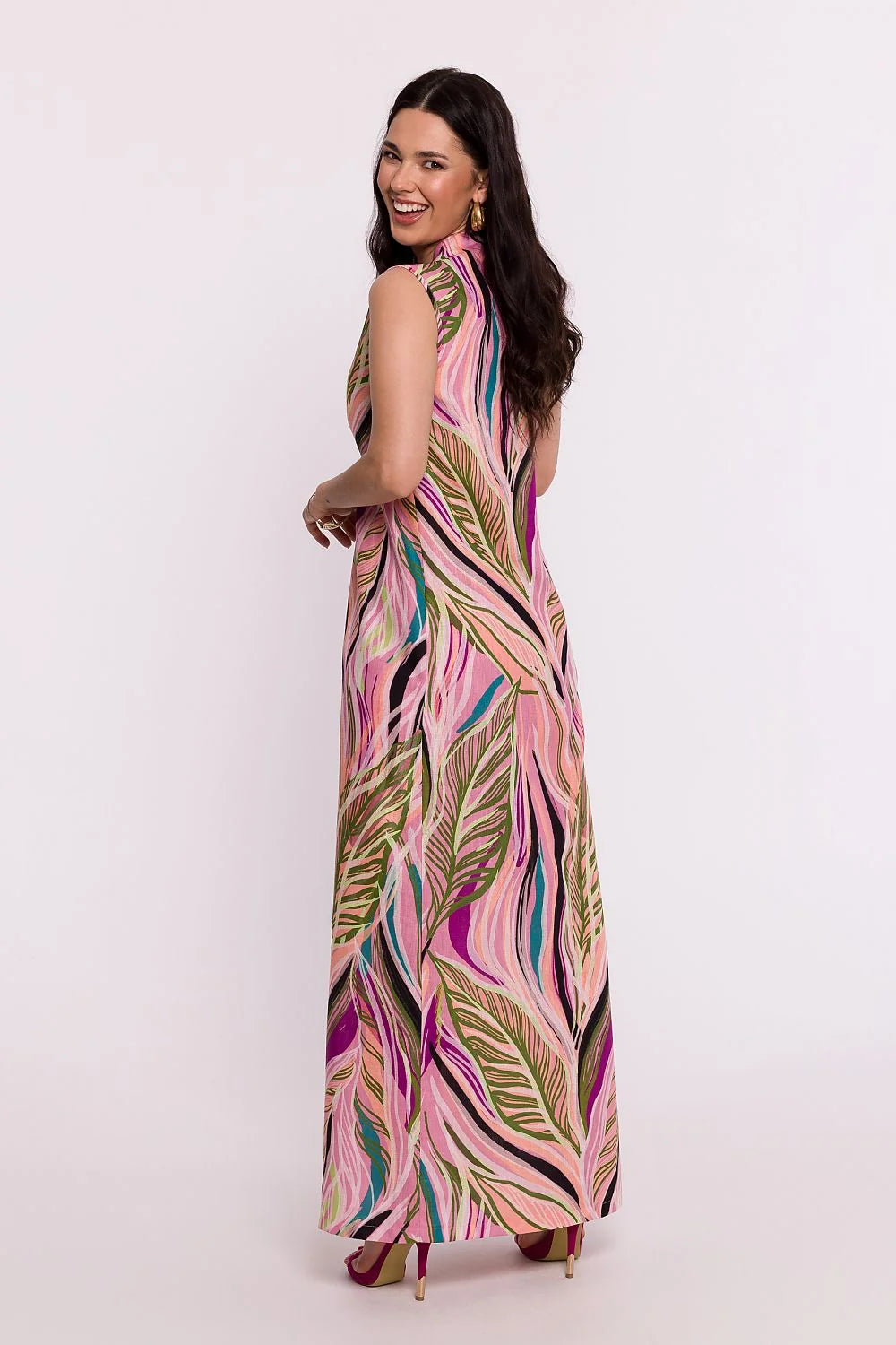 Robe de jour Be Wear longue sans manches motif tropical couleurs vives col V tissu léger femme été soirée