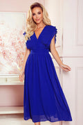 robe cocktail élégante mousseline bleu roi volants plissés décolleté plongeant V taille cintrée jupe fluide midi doublée légère glamour soirée