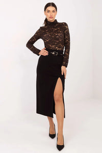 jupe crayon midi fendue noire élégante ajustée sophistiquée sensuelle viscose nylon élasthanne tombé fluide taille marquée ceinture dorée