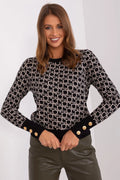 Pull pour femme design élégant motif monogramme noir et blanc cassé manches longues matériau confortable coupe ajustée détails dorés