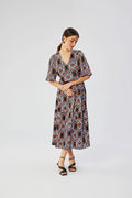 Robe de jour Stylove imprimée géométrique longue manches courtes décolleté en V taille élastiquée polyester mélange femmes