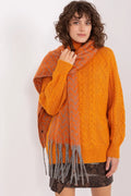 Ensemble mode femme pull orange écharpe franges jupe motif serpent automne hiver style boho chic