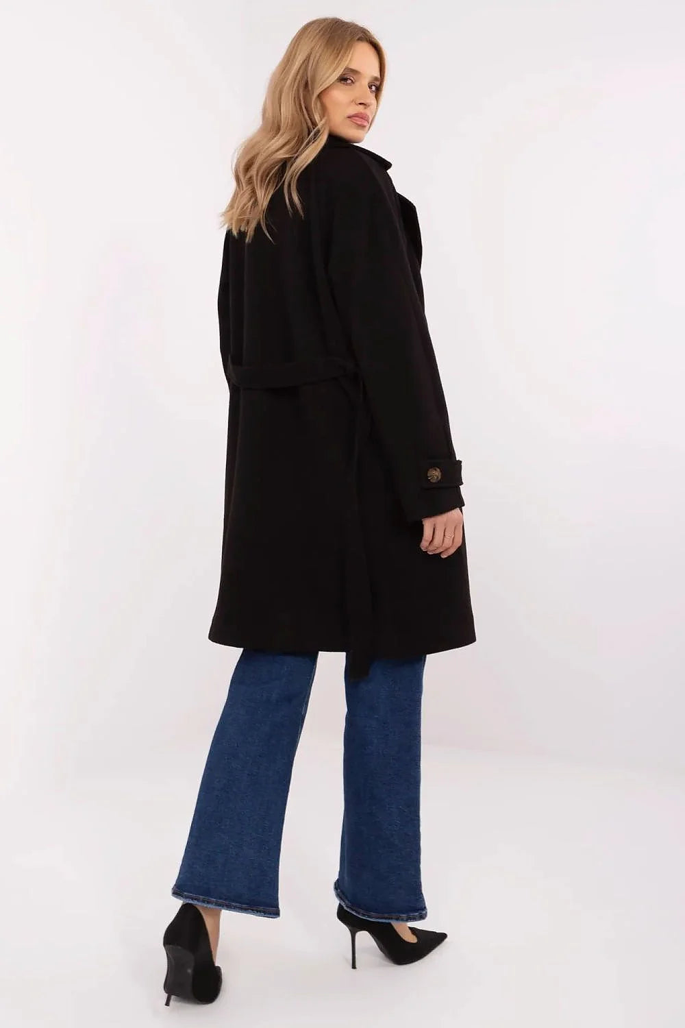 Manteau pour femme long modern élégant noir uni tissu laine style contemporain double boutonnage large col ceinture ajustable manches longues