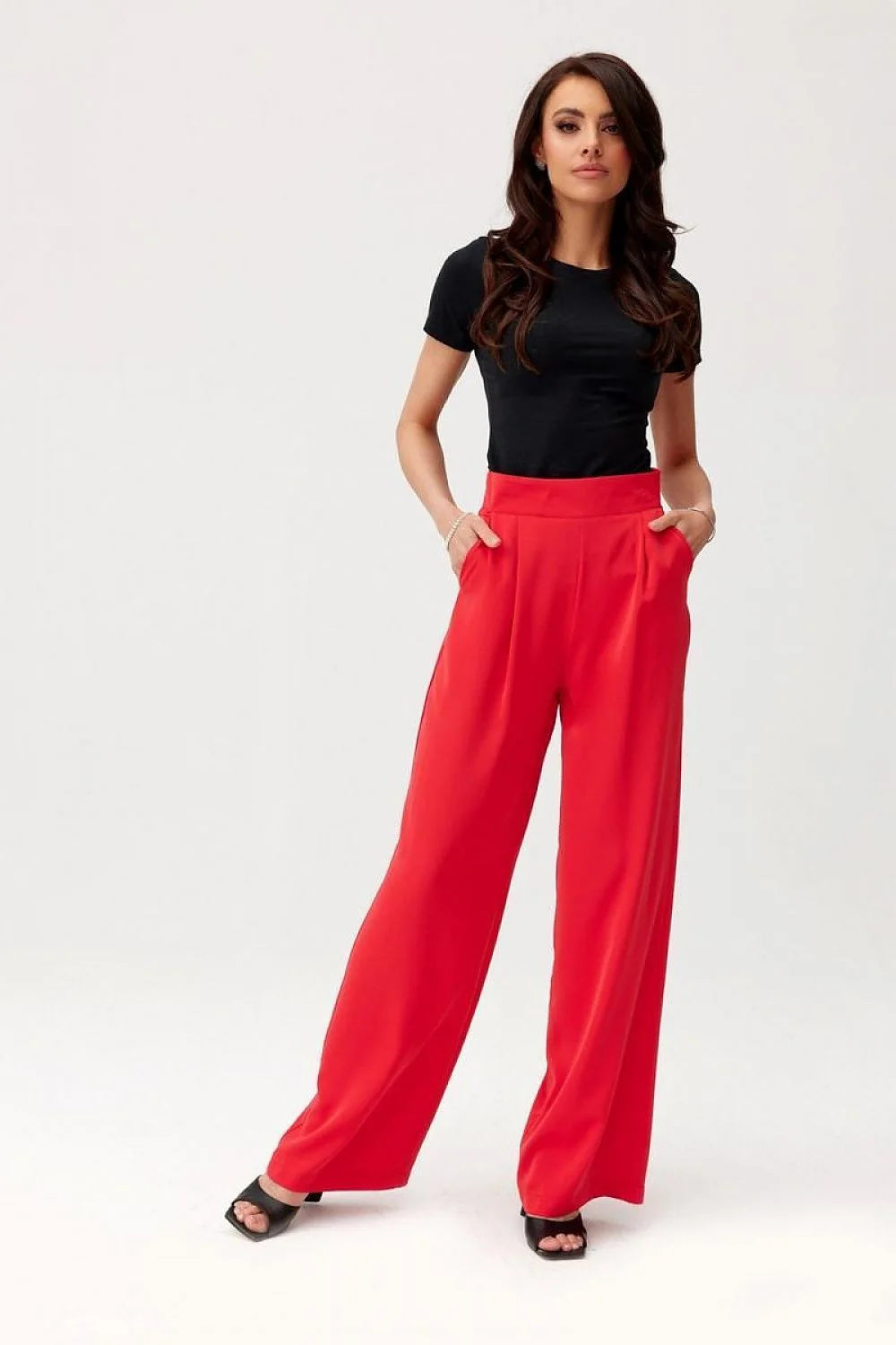 Pantalon femme Roco Fashion taille haute jambes larges couleur rouge vif matière fluide coupe ajustée