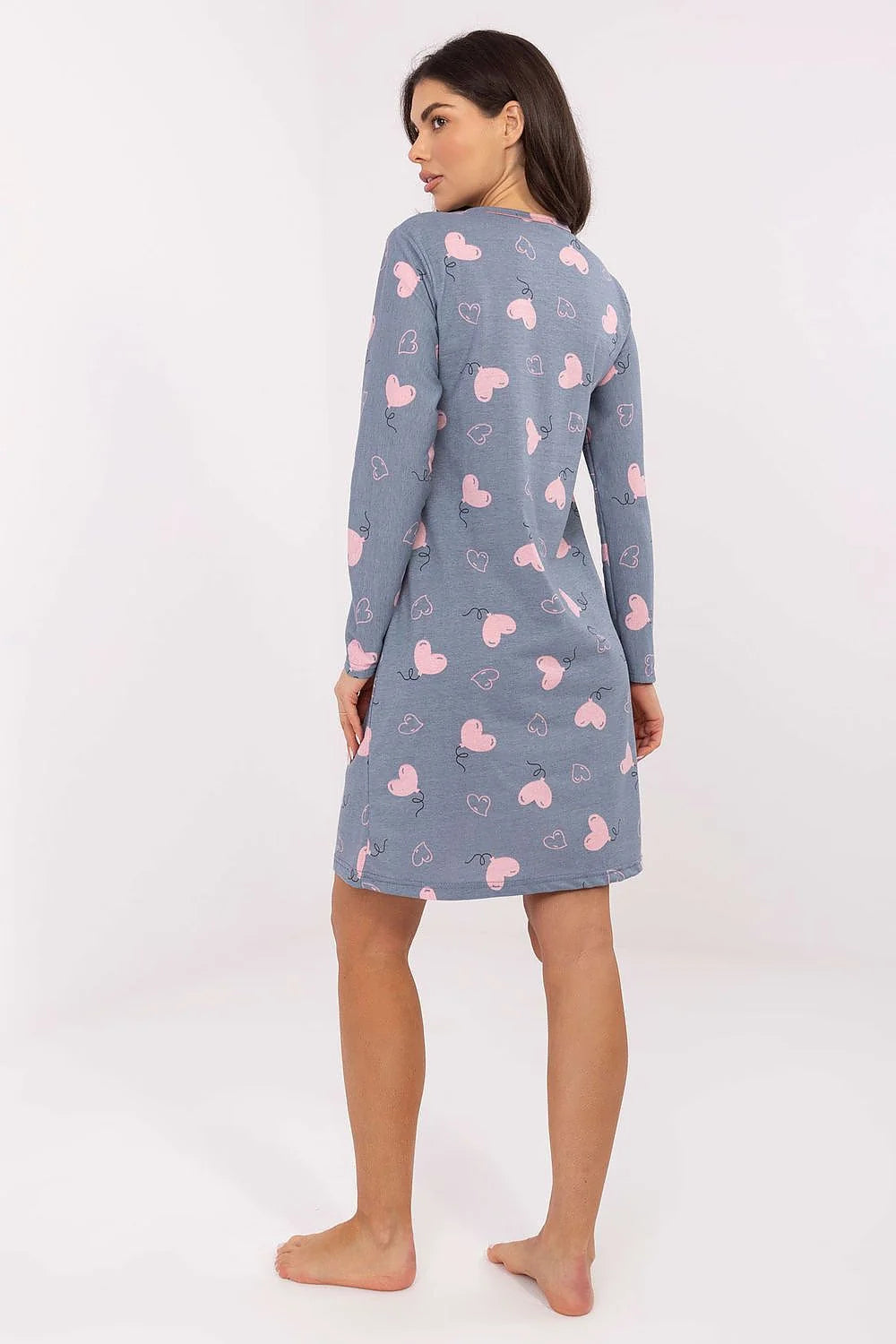 chemise nuit femme coton confortable respirante manches longues décolleté V coeurs rose bleu gris longueur genou coupe droite quatre boutons